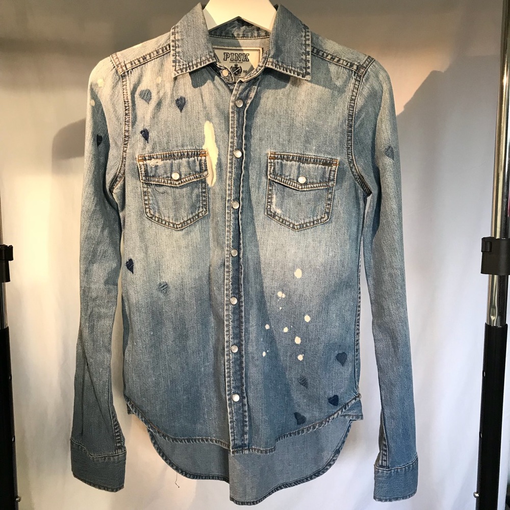 PINK Distressed Denim Top